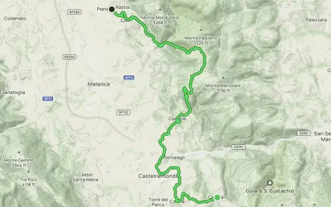 Mappa del cammino dei forti, un percorso tortuoso tra monti e borghi come Castelraimondo e Matelica, con cime come Monte Gemmo.