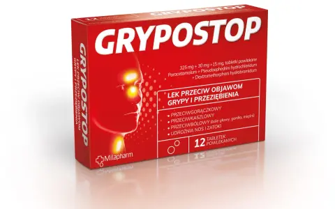 Opakowanie leków na grypę Grypostop, z wizerunkiem głowy z zaznaczonymi objawami. Pomaga zwalczyć gorączkę, kaszel i ból.