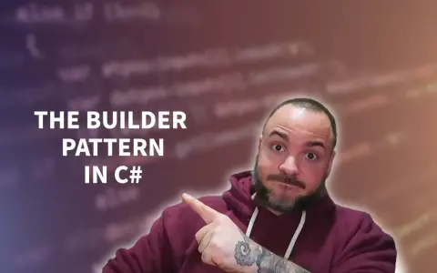 Mężczyzna wskazuje na tekst "THE BUILDER PATTERN IN C#" na tle kodu.