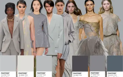 Modelli con abiti eleganti in tonalità grigio e cammello, con campioni di colore Pantone a contrasto.