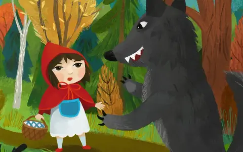 Cappuccetto Rosso incontra il lupo nel bosco, un classico esempio di "lupus in fabula significato" dove il pericolo appare quando meno te lo aspetti.