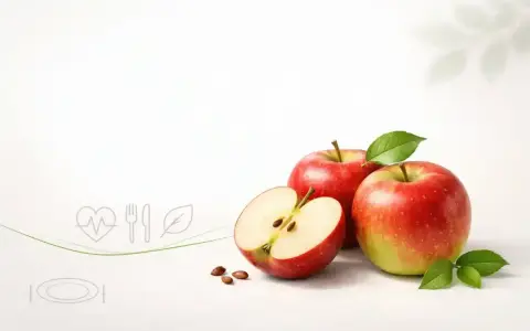 Dwa całe jabłka i jedno przekrojone na pół, z widocznymi pestkami. Obok symbole zdrowia i diety. Jabłko wartości odżywcze.