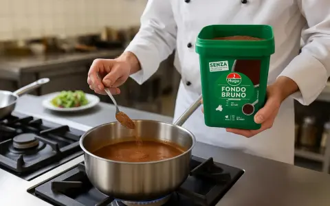 Chef aggiunge Fondo Bruno in polvere a una salsa in cottura. Il contenitore verde reca l'etichetta "Fondo Bruno".