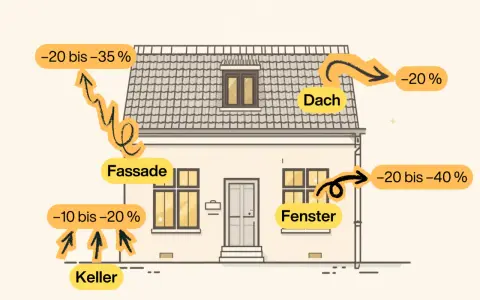 Veranschaulicht Energieverluste am Haus: Fassade (WDVS), Dach, Fenster, Keller. Pfeile zeigen prozentuale Einsparungen bei Dämmung.