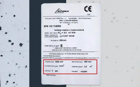 Etykieta produktu EPS 100 THERM. Grubość 200mm, powierzchnia krycia 1,5m². Ile styropianu 5 cm w paczce m2? Objętość paczki 0,3 m³.