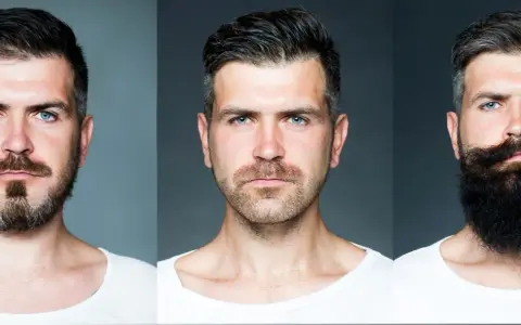 Tres hombres con diferentes cortes de barba: uno con perilla y bigote, otro con barba corta y el último con barba larga y tupida.