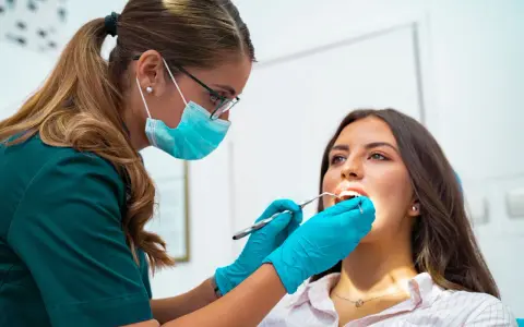 Dentystka w masce i rękawiczkach bada zęby pacjentki. To nie jest wyrywanie 8, ale rutynowa kontrola.