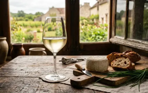 Ein Glas Weißwein, typisch für die Sancerre Rebsorte, steht neben Brot und Käse vor einem Fenster mit Blick auf ein ländliches Anwesen.