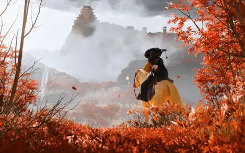 Jeździec w jesiennym krajobrazie, z zamkiem na wzgórzu w tle. To scena z gry Ghost of Yotei PC.