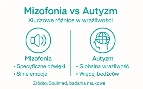 Mizofonia vs Autyzm: kluczowe różnice w wrażliwości. Mizofonia to specyficzne dźwięki i silne emocje. Autyzm to globalna wrażliwość i więcej bodźców.