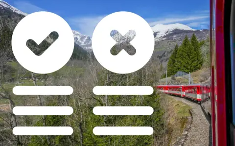 A red train winds through the Swiss Alps. A checkmark and an X overlay the scenic view, suggesting options for your Switzerland train pass.