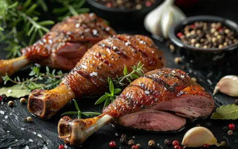 Trois cuisses de canard rôties, dorées et juteuses, garnies d'herbes fraîches, de grains de poivre et d'ail.