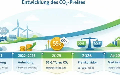 Entwicklung des CO2-Preises in Deutschland: Von Einführung 2021 über Anhebung bis marktorientiert ab 2027. Grüne Energie und steigende Preise.