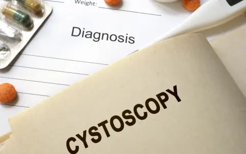 Na dokumentach medycznych, obok leków i termometru, widnieje napis "CYSTOSCOPY". Czas trwania cystoskopii jest kluczowy dla pacjenta.