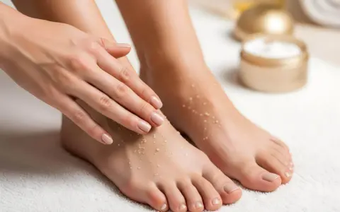 A woman's hands gently touch her feet, which are covered in exfoliating granules, hinting at a Johnson's foot soap recipe for soft skin.
