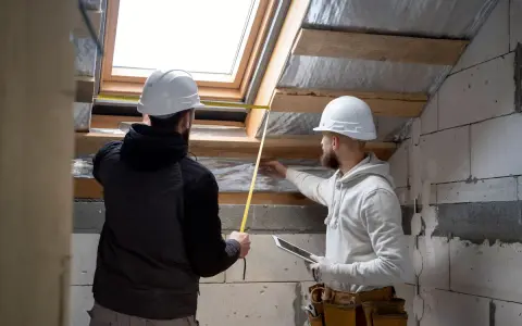 Dos trabajadores miden un tragaluz para mejorar la eficiencia energética.