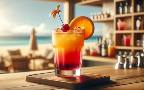Kolorowy drink na plaży, idealny na letnie wieczory. Słoneczny drink sex, z wisienką i pomarańczą, na tle morza.