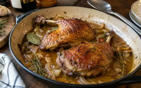 Deux cuisses de canard dorées mijotent dans une sauce savoureuse avec des oignons et des herbes. Un plat réconfortant prêt à être dégusté.