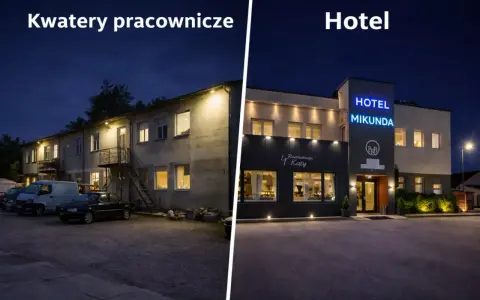 Dwa budynki nocą: kwatery pracownicze i hotel Mikunda.