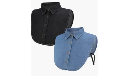 Due colletti staccabili in denim, uno nero e uno azzurro, perfetti per aggiungere un tocco casual ai tuoi outfit. Diversi tipi di colletto camicia donna.