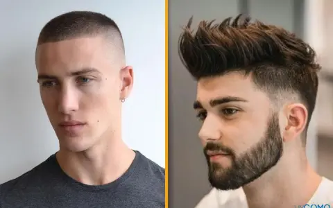 Dos hombres con peinados pelo corto: uno con corte buzz y el otro con un estilo moderno con degradado y tupé.
