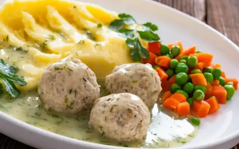 Pyszne klopsiki z mięsa z rosołu, podane z puree ziemniaczanym i warzywami. Świetny pomysł, co zrobić z mięsa z rosołu!