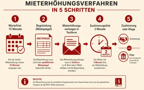 Schritte zur Mieterhöhung: 15 Monate warten, Mietspiegel vorlegen, Antrag in Textform, 2 Monate Zustimmungsfrist, Zustimmung oder Klage. Die Kappungsgrenze Frankfurt wird hier nicht direkt genannt, aber das Verfahren ist relevant.