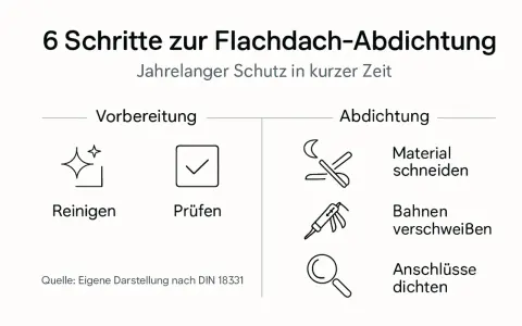 6 Schritte zur Flachdach-Abdichtung: Vorbereitung (Reinigen, Prüfen) und Abdichtung (Material schneiden, Bahnen verschweißen, Anschlüsse dichten). Beachten Sie die Vorschriften für sichere Sekuranten.