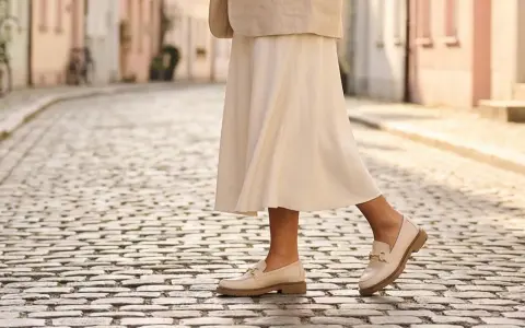 Eleganckie, beżowe mokasyny z ozdobnym złotym elementem to idealne modne buty na wiosnę.