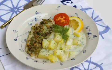 En tallrik med panerad fisk, dillstuvad potatis, en tomatklyfta och en citronklyfta. Allt serveras på en tallrik med blått mönster.