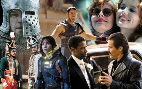Collage di film di Ridley Scott: un cavaliere, soldati, astronauta, gladiatore, donne e gangster.