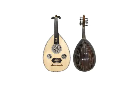 Deux oud, instruments de musique à cordes, l'un clair et décoré, l'autre sombre et strié.