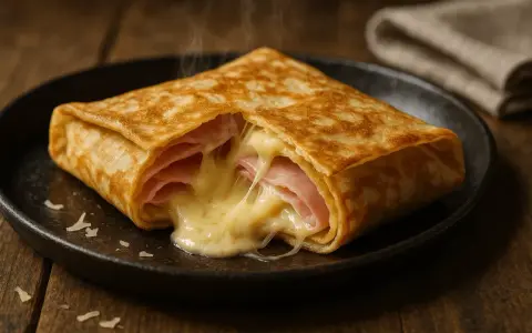 Un délicieux crepe au jambon et fromage fondant, fumant sur une assiette noire, prêt à être dégusté.