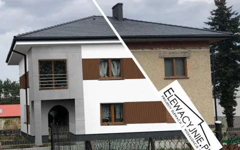 Nowy, nowoczesny wygląd domu po malowaniu elewacji. Stara, zniszczona ściana kontrastuje z odnowioną fasadą.