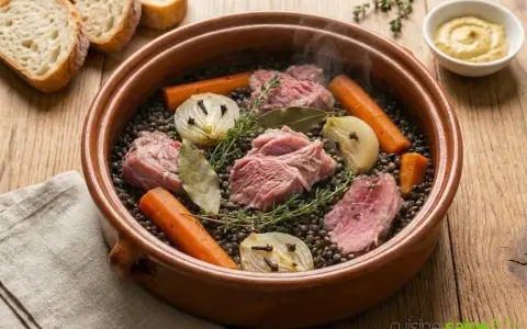 Palette demi-sel mijotant avec des lentilles, carottes, oignons cloués et herbes. Le temps de cuisson à l'eau est presque terminé.