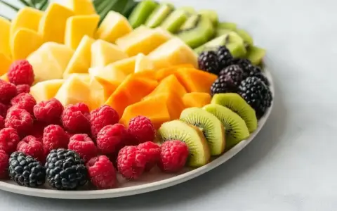 Kolorowa taca z owocami: maliny, jeżyny, kiwi, mango i papaja. Idealny sposób, jak podać owoce na imprezie, zachwycając gości!
