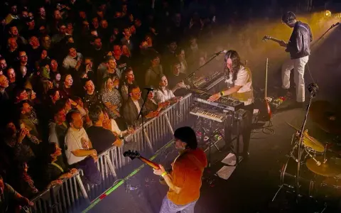 Publik njuter av Altin Gün i Stockholm. En gitarrist spelar, en keyboardist bakom Roland-syntar, och en entusiastisk publik bakom stängsel.