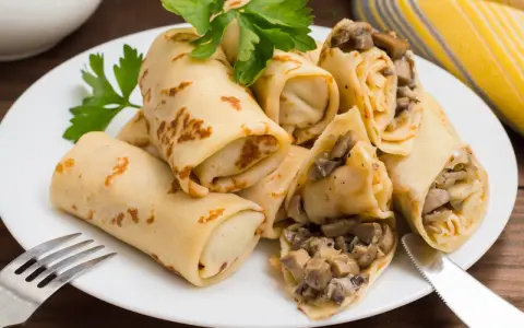 Herzhafte Pfannkuchen gefüllt mit Pilzen und Zwiebeln, garniert mit Petersilie, auf einem weißen Teller mit Gabel und Messer.