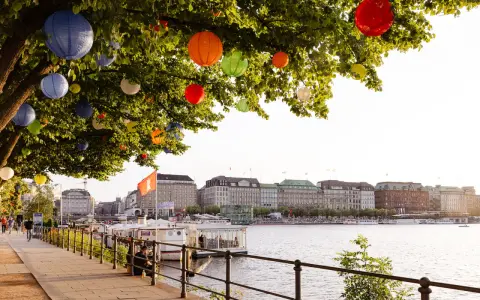 Bunte Lampions schmücken einen Baum am Wasser. Im Hintergrund die elegante Skyline von Hamburg mit Gebäuden und Booten.