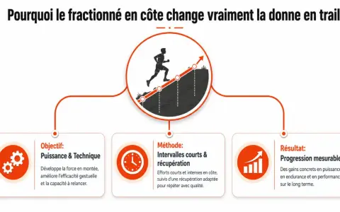 Un coureur grimpe une côte en utilisant un entraînement fractionné. Objectif : puissance, méthode : intervalles courts, résultat : progression mesurable.