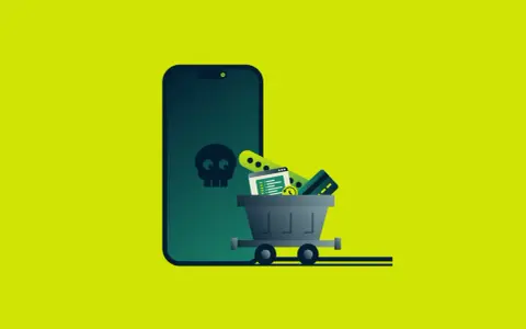 Ein iPhone mit Totenkopf-Symbol und einem Einkaufswagen voller Daten und Kreditkarten. So kann man Spyware auf dem iPhone erkennen.