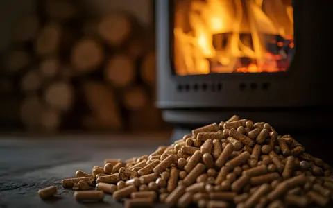 Montón de pellets de madera listos para insertar en la estufa, con leña apilada y fuego crepitante al fondo.