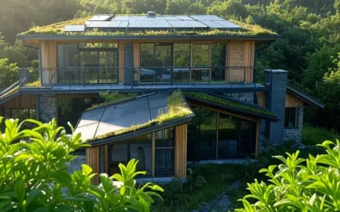 Maison moderne avec toiture végétalisée et panneaux solaires, exemple de construction maison écologique intégrée à la nature.