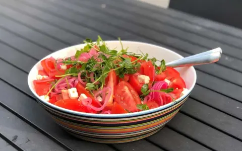 Enkel sallad med tomater, fetaost, rödlök och groddar i en färgglad skål.