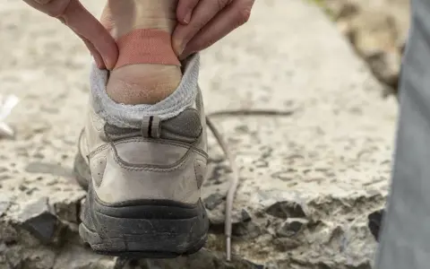 Application d'un pansement sur une ampoule au talon, une étape clé pour savoir comment soigner une ampoule au pied et continuer sa marche.