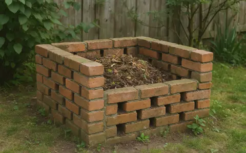 Solidny kompostownik murowany, wypełniony resztkami organicznymi, stoi na trawniku wśród zieleni.