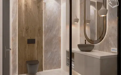 Nowoczesna łazienka z płytkami 120x60 ułożonymi pionowo, imitującymi drewno i kamień. Elegancka umywalka nablatowa i podwieszana miska WC.