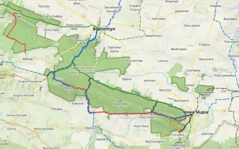 Mapa turystyczna z zaznaczonymi szlakami w Świętokrzyskim Parku Narodowym, prowadzącymi przez Bodzentyn i Nową Słupię.