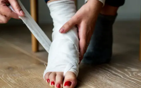 Osoba owija bandażem stopę, opatrując bolesny staw skokowy.