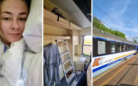 Podróż pociągiem TLK Karpaty. Wnętrze wagonu z miejscem do spania i widok na tory.